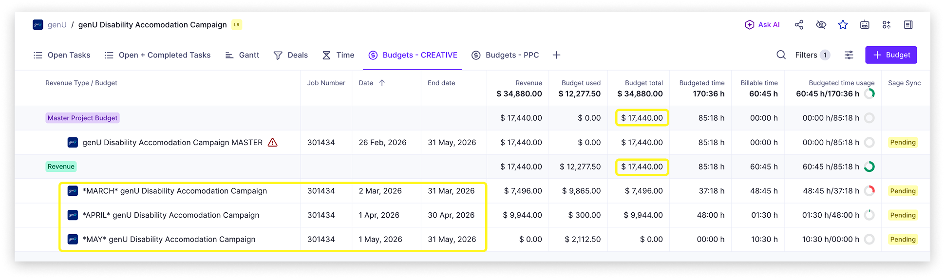 Project budget multi-month example